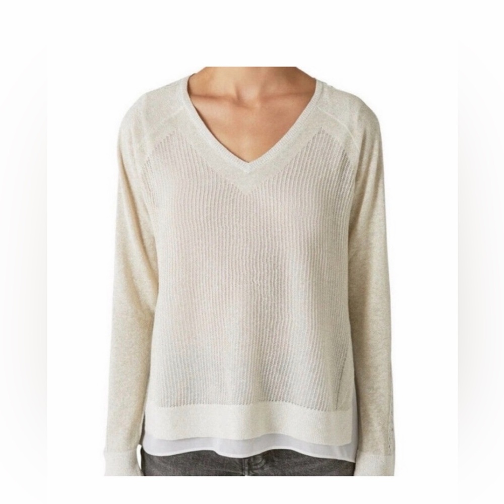 NWOT Lucky Brand Linen Metallic knit Coastal V-Neck Sweater glitter Mix Sz M